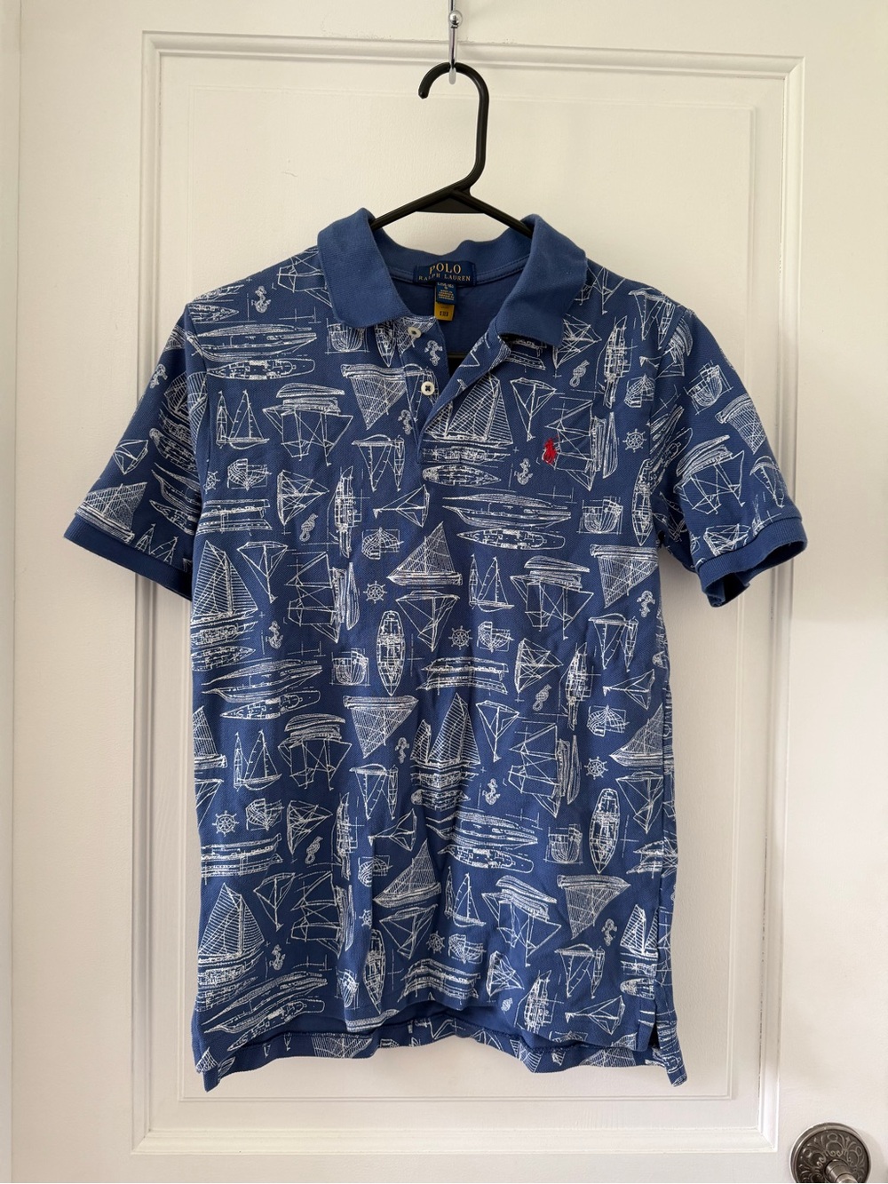 Boys Polo Ralph Lauren Polo Shirt Blue with White Ships drawing print.